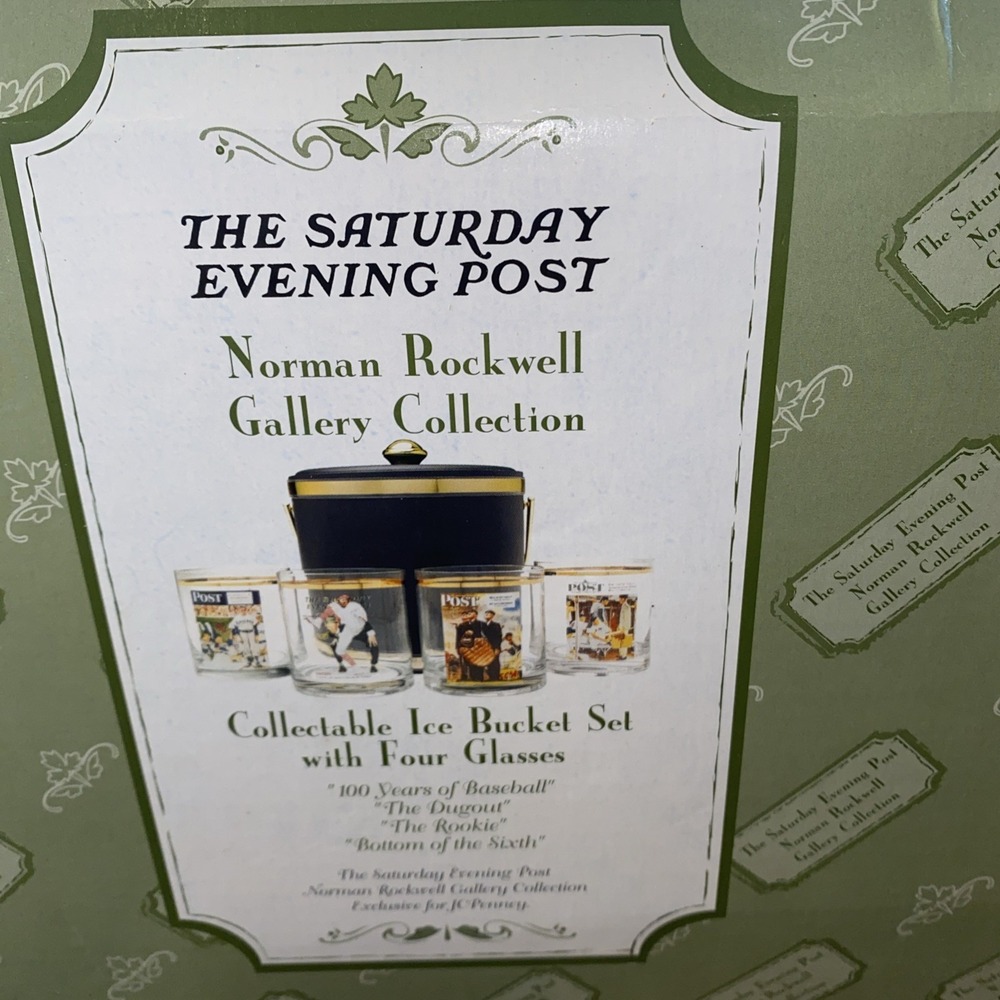 Vintage Ice Bucket Saturday evening post collectible  4 Whiskey glasses Baseball